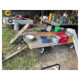 Assorted Yard Cart Lot with Lumber, Hand Tools, and Household Goods