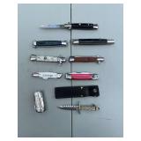 Assorted Pocket Knives and Multi-Tool Collection with Sheath