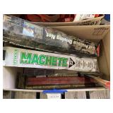 Box Lot with Seymour 22-Inch Machete, Golf Practice Driving Net, and Magnetic Organizer