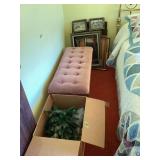 Assorted Household Lot with Pink Tufted Bench, Picture Frames, and Small Holiday Tree