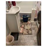 Bathroom Decor and Essentials Lot including Rugs, Trash Cans, Towels, and Wall Art