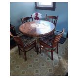 Round Wooden Dining Table with Metal Base and Four Matching Chairs