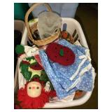 Assorted Lot of Crafts, Fabrics, Basket, and Handmade Doll