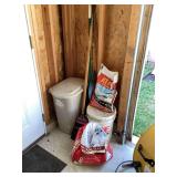 Assorted Garage Supplies Lot with Storage Bin and Ice Melt