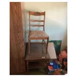 Wooden Side Table, Dining Chair, and Plastic Storage Bin with Holiday Linens and Decor Lot