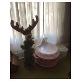 Holiday Decor Lot with Standing Reindeer Figure and Storage Containers