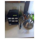 Kitchenware Lot including Spice Organizer, Kettles, and Strainer
