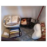 Closet Contents Lot Including Blue Glass Jars, Coffee Maker, Linens, and Hangers