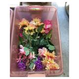 Lot of Assorted Artificial Flowers in Storage Bin
