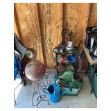 Garden Decor and Accessories Lot including Metal Trellis, Plant Stands, Watering Cans, and Storage Cart