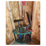 Corner Garden Tool Rack with Assorted Long Handled Tools