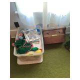 Wooden Yarn Holder Box and Plastic Storage Bin with Assorted Yarn and Craft Supplies