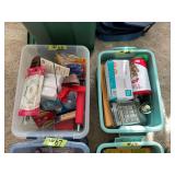 Lot of Two Plastic Storage Tins with Assorted Household Items and Office Supplies