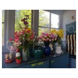 Cabinet Contents Lot with Artificial Florals, Vases, and Decor