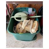 Green Plastic Tote Bin Filled with Assorted Household Items Including Rotary Telephone and Watering Can