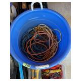 Assorted Extension Cords in Blue Tub