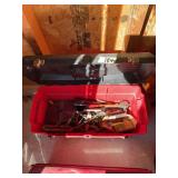 Red Plastic Tool Box with Assorted Hand Tools and Hardware