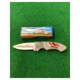 Stainless Steel Folding Pocket Knife with Racing Car Graphic and Original Box