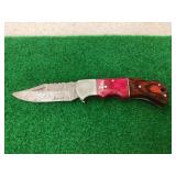 Folding Pocket Knife with Damascus Steel Blade and Multi-Colored Wood Handle with Leather Sheath