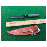 Custom Fixed Blade Knife with Green Layered Handle and Leather Sheath