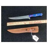 Custom Damascus Fixed Blade Knife with Blue and Purple Handle and Leather Sheath