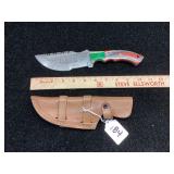 Damascus Steel Fixed Blade Knife with Multicolored Wood Handle and Leather Sheath