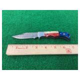 Folding Pocket Knife with Damascus Steel Blade and Texas Flag Themed Handle with Sheath