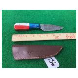 Fixed Blade Knife with Damascus Steel Blade and Red, White, and Blue Handle with Leather Sheath