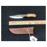 Custom Fixed Blade Knife with Pattern-Welded Damascus Steel and Wood Handle with Leather Sheath