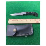 Folding Pocket Knife with Damascus Steel Blade and Leather Sheath