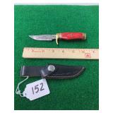 Fixed Blade Damascus Knife with Red Wood Handle and Leather Sheath