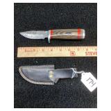 Fixed Blade Knife with Damascus Steel Pattern Blade, Wood Handle, and Leather Sheath