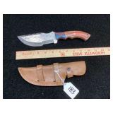 Custom Fixed Blade Knife with Damascus Pattern Steel Blade and Multi-Color Wood Handle with Leather Sheath