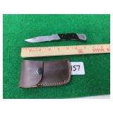 Folding Pocket Knife with Damascus Steel Blade and Leather Sheath