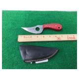 Custom Damascus Fixed Blade Knife with Red Patterned Handle and Leather Sheath