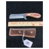 Custom Forged Little Butcher Style Fixed Blade Knife with Multicolored Wood Handle and Leather Sheath