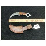 Damascus Steel Karambit Knife with Multicolored Wood Handle and Leather Sheath