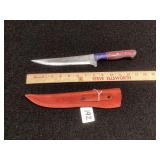Fixed Blade Knife with Damascus Pattern Steel Blade and Multi-Color Wood Handle with Leather Sheath