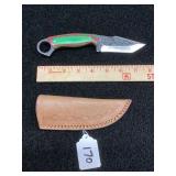 Custom Forged Fixed Blade Knife with Red and Green Wood Handle and Leather Sheath