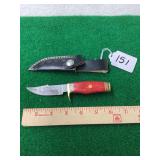 Damascus Steel Fixed Blade Knife with Red Handle and Leather Sheath