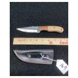 Fixed Blade Damascus Steel Knife with Wood and Bone Handle and Leather Sheath