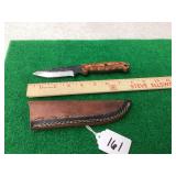 Custom Fixed Blade Knife with Wooden Finger-Groove Handle and Leather Sheath