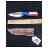 Damascus Steel Fixed Blade Knife with Multicolored Handle and Leather Sheath