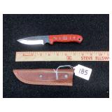 Custom Forged Fixed Blade Hunting Knife with Orange Wood Handle and Leather Sheath