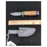 Custom Damascus Fixed Blade Knife with Wood and Resin Handle and Leather Sheath