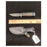 Damascus Steel Fixed Blade Knife with Multicolored Wood Handle and Leather Sheath