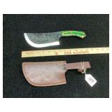 Custom Hand Forged Cleaver Knife with Green Multi-Color Pakkawood Handle and Leather Sheath