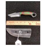 Fixed Blade Knife with Layered Red and Green Wood Handle and Leather Sheath