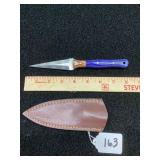 Custom Damascus Steel Fixed Blade Dagger with Multi-Color Wood and Blue Resin Handle and Leather Sheath