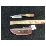 Custom Damascus Fixed Blade Knife with Multi-Wood Handle and Leather Sheath